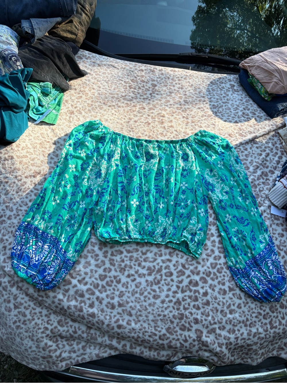 Flying Tomato Off Shoulder Green Floral Top Size Small Garden Boho Hippie Resort